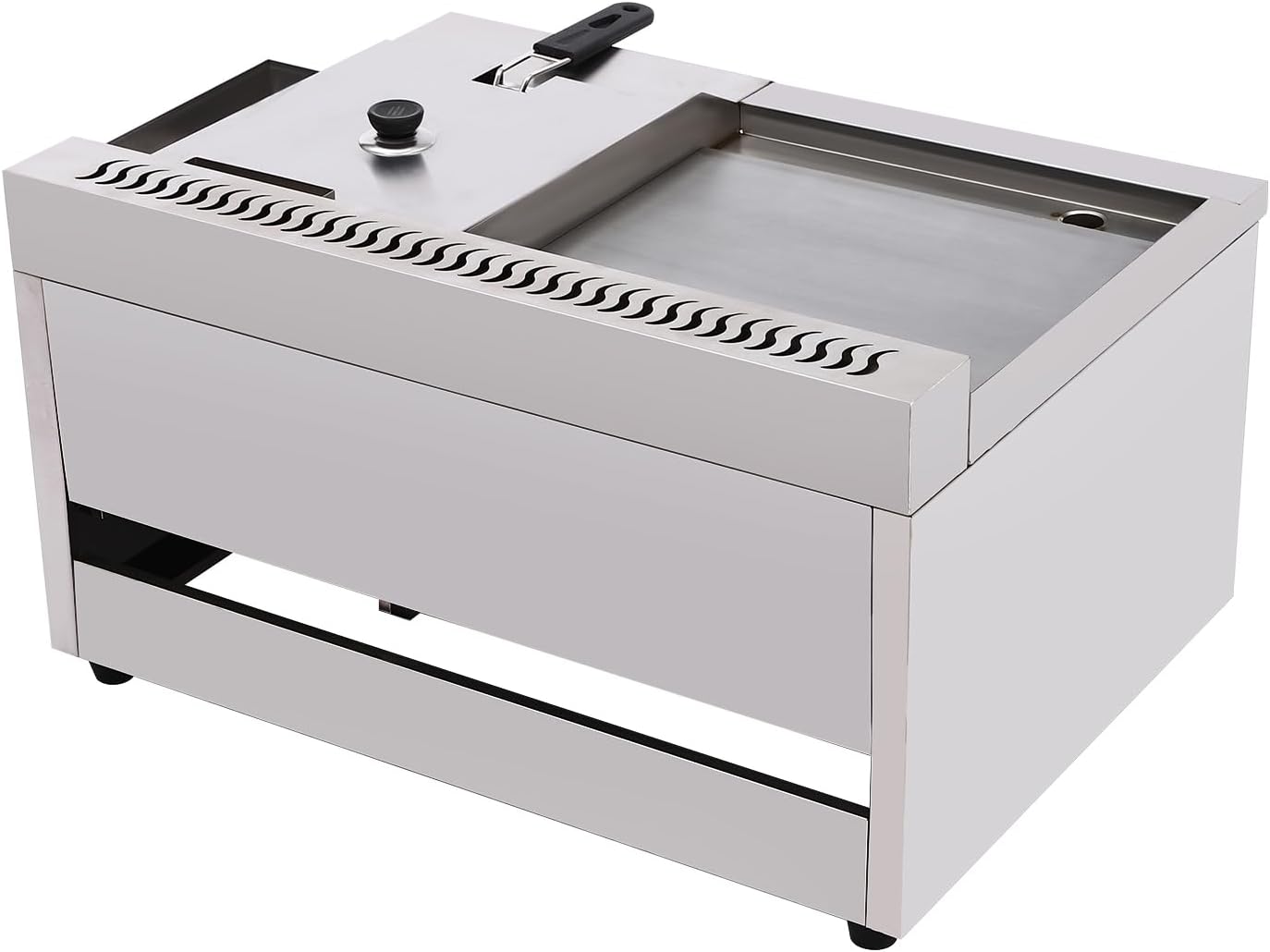 Gas Propane Griddle and Deep Fryer Fast Heating Flat BBQ Hot Plate Frying Machine with Dual Burners Multi-Function Grill and Oil Frying Cookware W/Basket Combo(Stainless Steel)