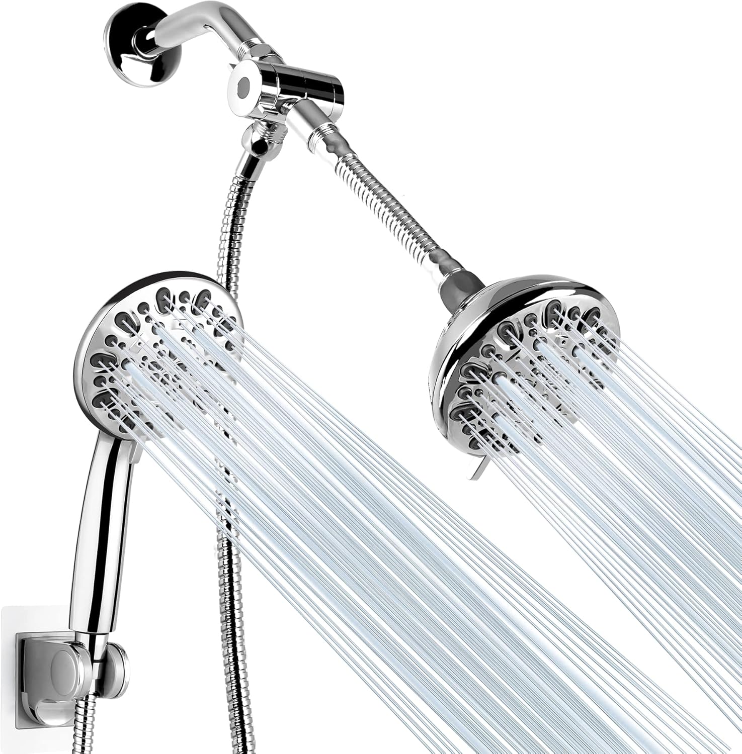High Pressure Shower Head Rainfall Combo with Handheld Shower Head, 5-inch Face 7-spray , 3-way Water Diverter, Adhesive Shower Head Holder, 7-setting Hand held Shower Heads with Hose Brushed Nickel Pack of 2