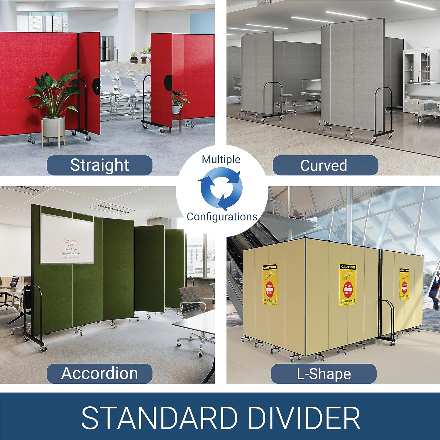 Standard Room Divider with Metal Frame, 5-Panel Folding Portable Partition Privacy Walls for Schools and Offices, 6' H x 9'-5" W - Grey Smoke Fabric