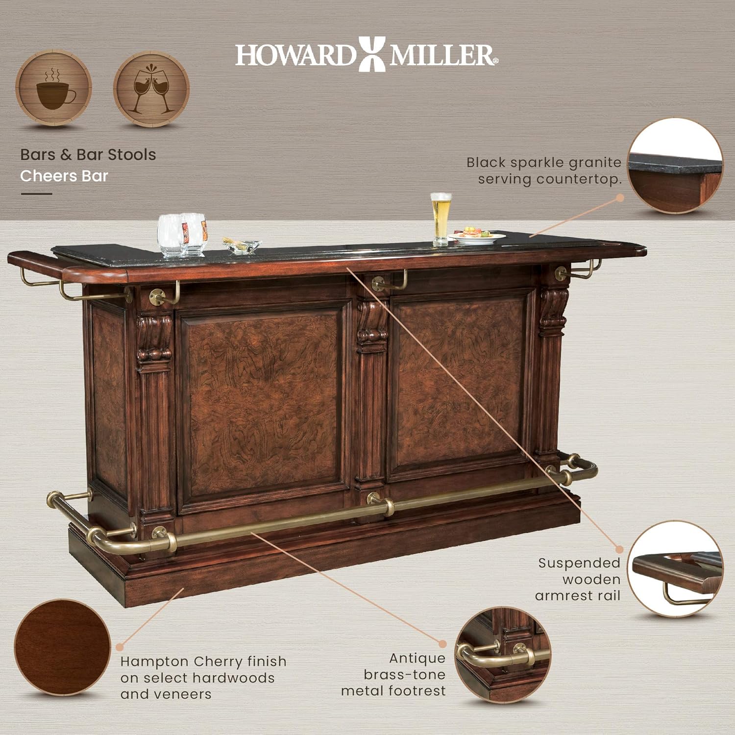 Howard Miller Cheers Bar 693-027 – Hampton Cherry Finish, Lightly Distressed, Home Basement Bar, Locking Door, 25 Wine Bottle Storage, Hanging Stemware Rack