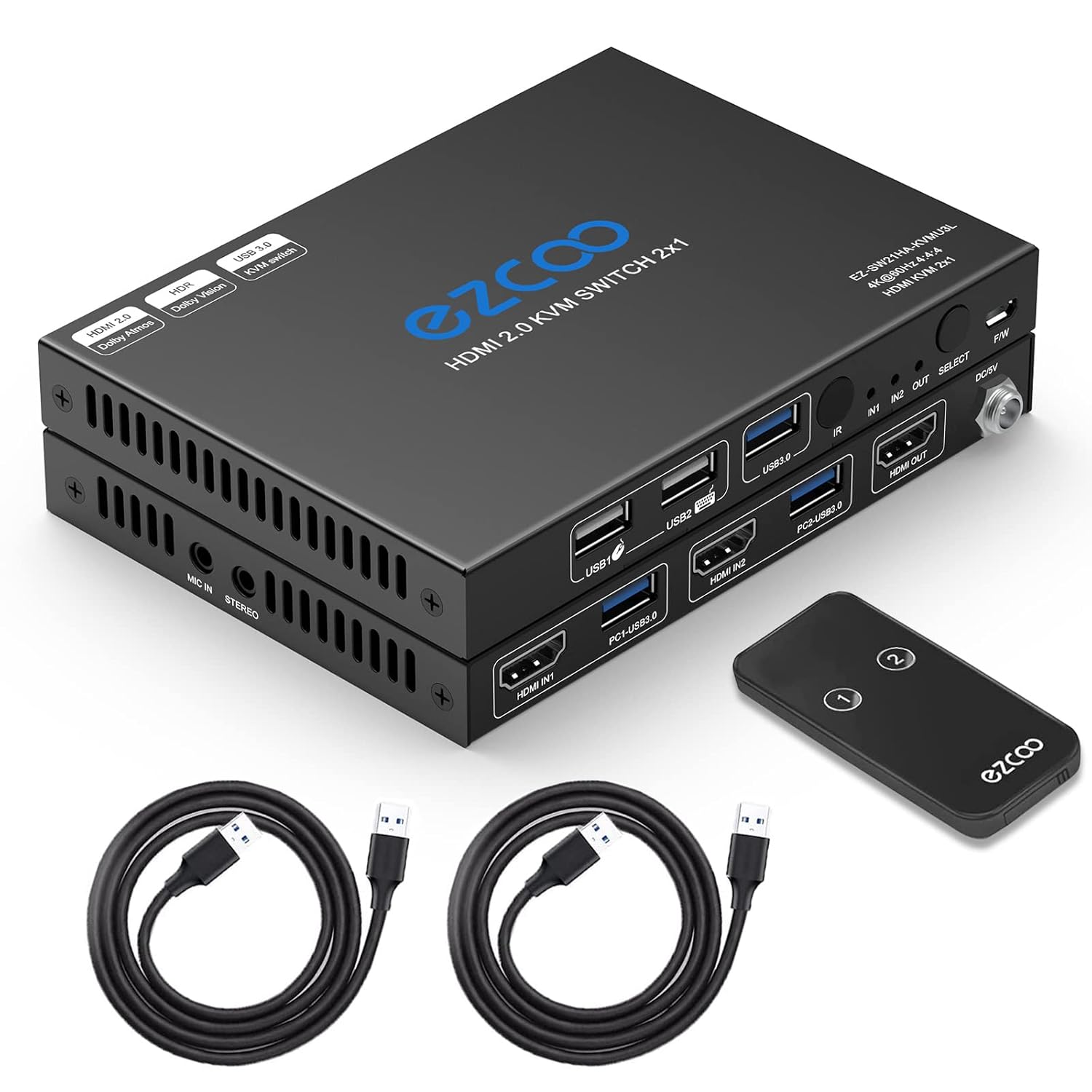 USB 3.0 KVM Switch HDMI 2-Port 4K60 4:4:4 HDR Atmos 1 Monitor with Stereo Audio Extractor Mic IR Remote - for 2 Computers Share Keyboard Mouse Printer, 2 USB3.0 Cables,USB Selector Hub SW21KVM