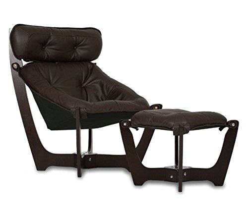 IMG Luna High Back Black Leather Chair and Ottoman - Prime P301 Black Leather Espresso Wood