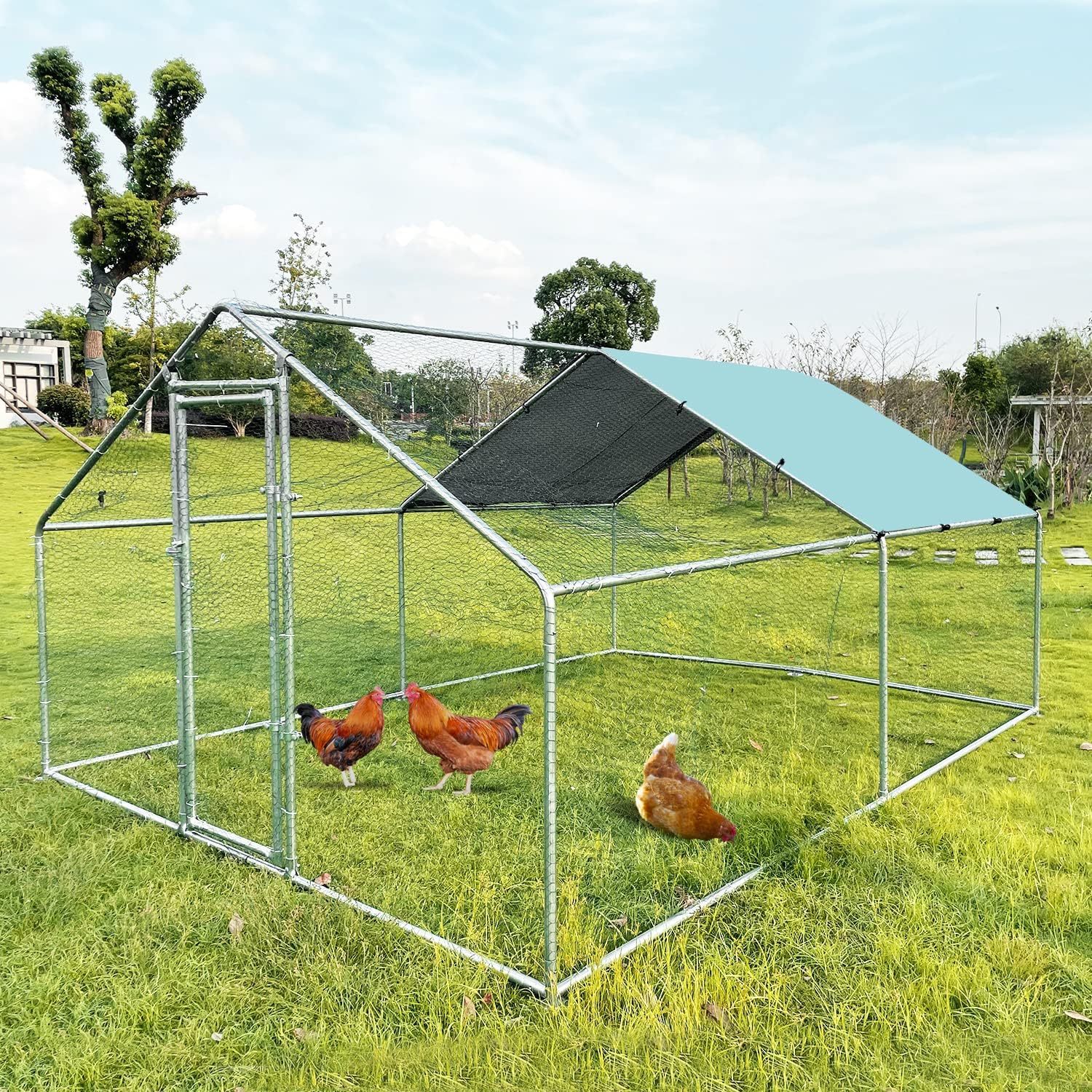 Large Metal Chicken Coop Walk-in Poultry Cage Chicken Run Duck House Chicken Pen with Waterproof and Anti-Ultraviolet Cover for Outdoor Yard Farm(9.8' L x 13.1' W x 6.4' H)