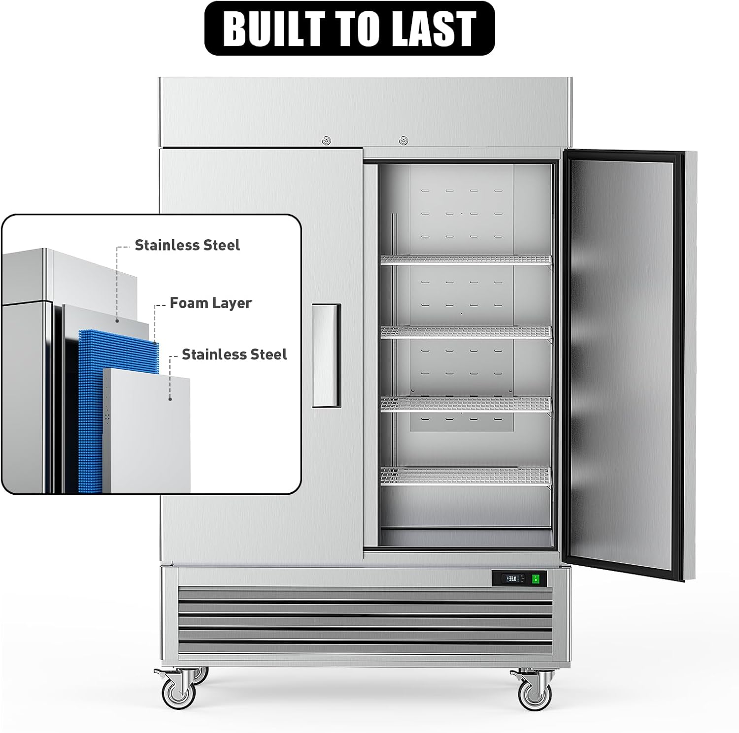 54" Commercial Refrigerators 2 Door Stainless Steel Reach in Refrigerator, 49 Cu.Ft Air Cooler Bottom Mount Fridge with 8 Shelves for Restaurant Kitchen Cafe Garage, ETL NSF Approved