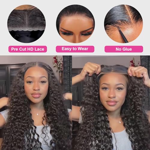 Wear And Go Glueless Wigs Human Hair Pre Plucked Pre Cut No Glue 13x4 Deep Wave Lace Front Wigs Human Hair Ready To Wear Glueless Wigs For Black Women Natural Color Deep Wave Wig(28 Inch)
