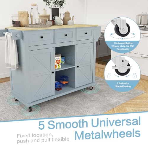 Kitchen Cart on Wheels with Drop Leaf,Rolling Kitchen Island with Storage Cabinet and 3 Drawers,Spice Rack,Towel Rack,Island Table for Kitchen,Living Room,Dining Room (Grey Blue)