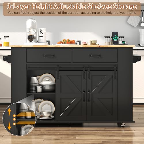 59" Kitchen Island W/Power Outlet&Drop Leaf,Kitchen Rolling Island W/Spice Rack&Towel Rack&Drawers,Kitchen Island Cart W/Sliding Barn Door,Mobile Island Table W/Adjustable Shelves for Dining Room