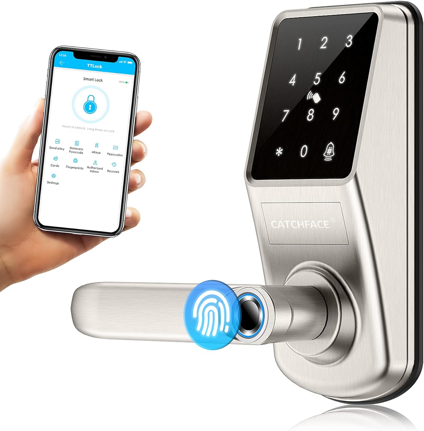 Smart Lock,CATCHFACE A290 Electronic Bluetooth Smart Lock,Keyless Door Lock with Handle,Biometric Lock with Fingerprint|TTLock App|Card|Key|Code Door Lock,Smart Lock for Front Door Office Home Airbnb