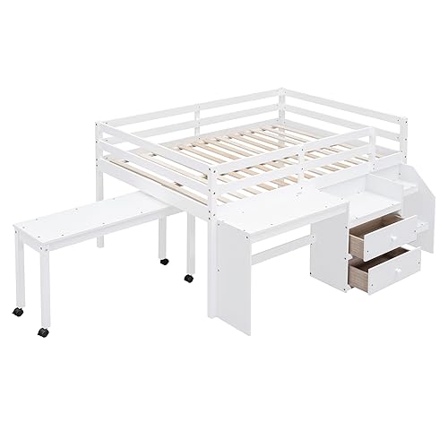 Merax Low Twin with Desk, Wood Loft Bed with 2 Storage Drawers and Lateral Portable Table, No Box Spring Needed, for Boys & Girls (White)