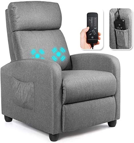 LDAILY Massage Recliner Sofa, Reading Chair Winback for Living Room, Single Sofa with Side Pocket, Home Theater Seating Massage Reclining Chair, Linen Padded Seat Backrest (Gray)