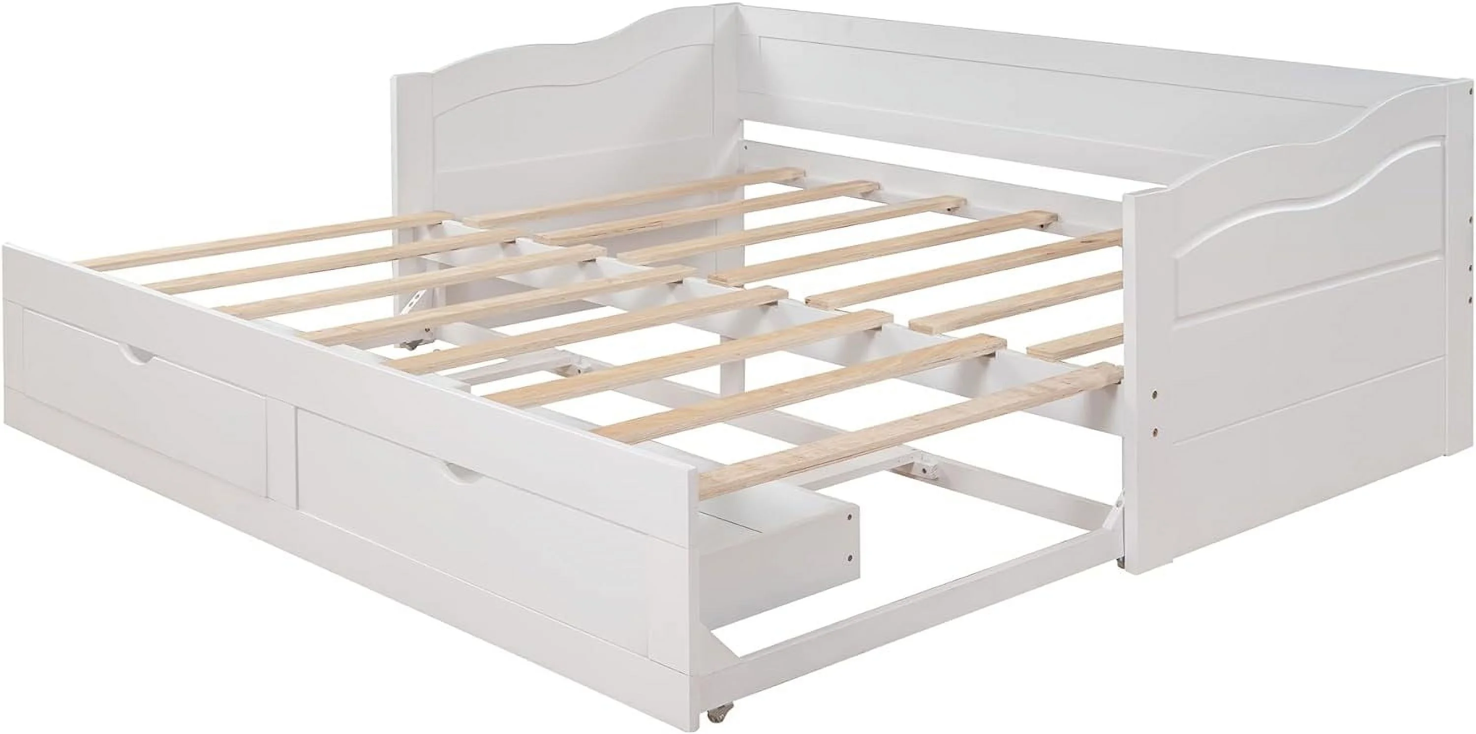 To King Daybed With Storage Drawers, Wood Extendable Daybed With Trundle, Kids Sofa Bed Frame For Bedroom Living Room, No Box Spring Needed ( To King, White)