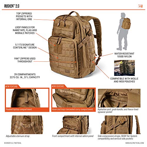 5.11 Tactical Backpack‚ Rush 72 2.0‚ Military Molle Pack, CCW with Multiple Compartments, 55 Liter, Large, Style 56565‚ Multicam