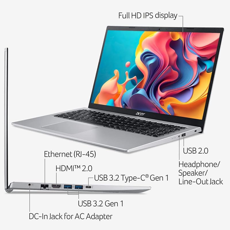 Acer Aspire 1 Slim 2024 Newest Laptop, 15.6'' Full HD Display, 8GB RAM, 128GB eMMC, Dual-Core Intel Celeron N4500, UHD Graphics, RJ45, WiFi, Webcam, 1-Year Microsoft 365, Windows 11S +MarxsolAccessory
