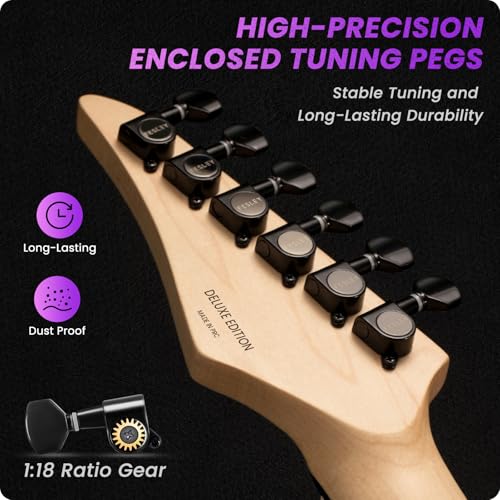 39" Solid Body Electric Guitar: Electric Guitar Kit with Bone Nut, Full Size 6 String Guitars with 24 Frets, Poplar Body AAA Flame Maple Top, Guitarra Electrica with HSS Ceramic Pickup,Black
