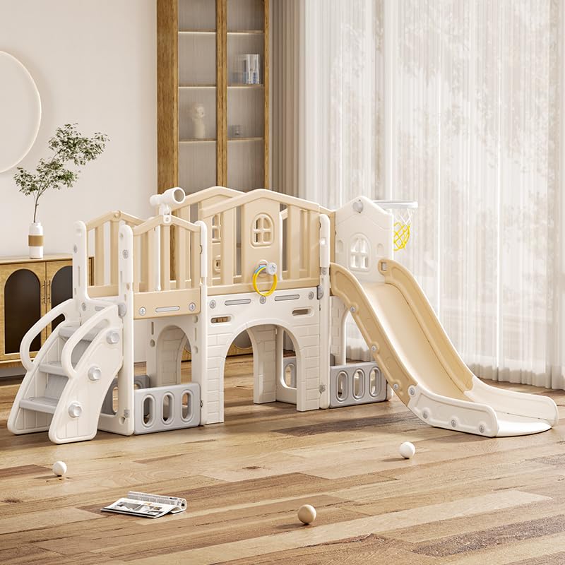 KORIMEFA 8 in 1 Toddler Slide Set, Kids Slide for Toddlers Age 1-3, Toddler Climber Slide PlaySet with Basketball Hoop,Outdoor Indoor Playground for Toddlers 1-3, Gray