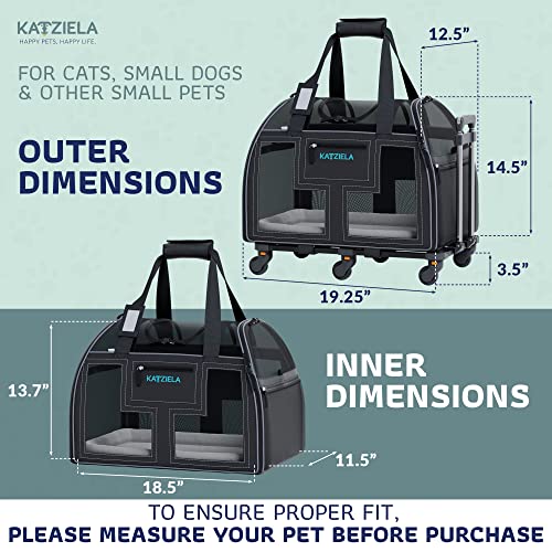 Airline Compliant Pet Carrier - Rolling Portable Travel Carry Crate for Small Dog, Puppy or Cat - Soft Removable Wheeled Design with Mesh Window Sides - Airplane and TSA Compliant- by Katziela