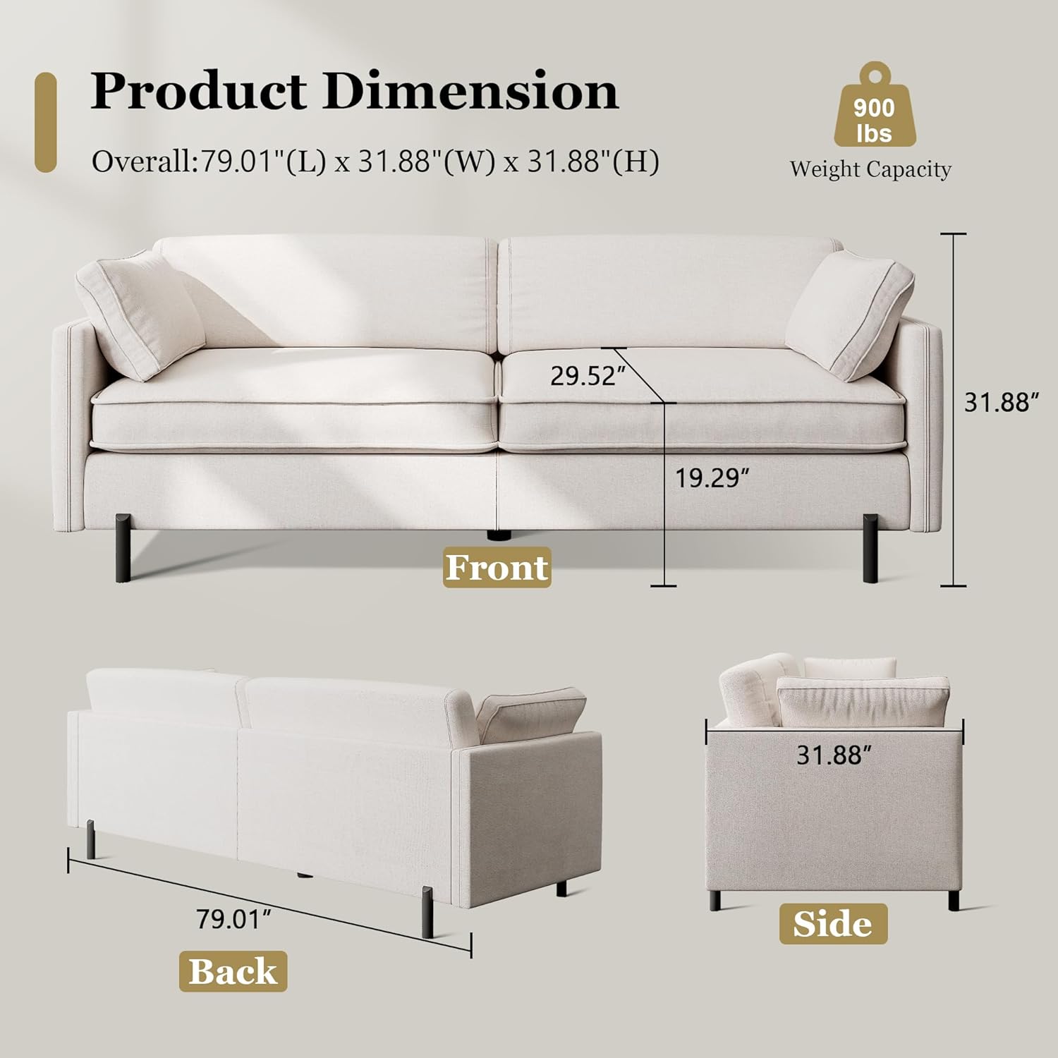 79" Comfy Sofa with 2 Pillow, Modern 3 Seater Linen Sofa Couch, Solid Wood Frame & Metal Legs, Perfect for Living Room, Bedroom, for Small Space, Sturdy & Durable, Easy Assembly, Beige