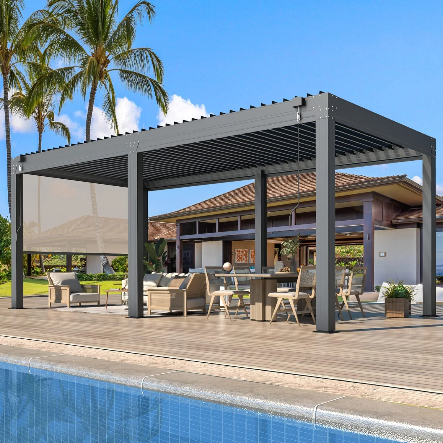 Richryce 10'×20' Aluminum Louvered Pergola with 6-Panel Pull-Down Privacy Screen, Hardtop Rainproof Pergola with Adjustable Roof for Patio, Lawn & Garden