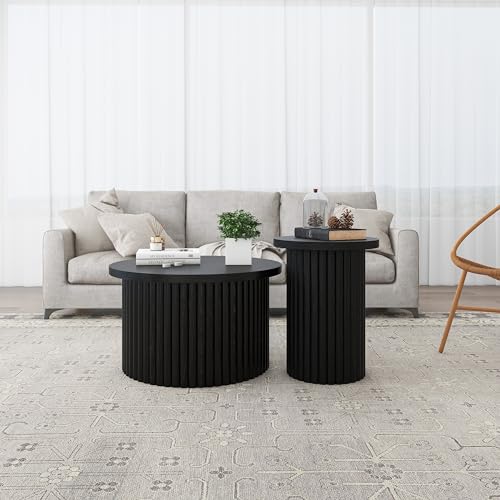 2-Piece Cloud Shape Living Room Coffee Table Set, Wooden Modern Nesting Table Coffee Table Set of 2 End Table for Living Room,Stacking Side Tables,No Need Assembly,Black