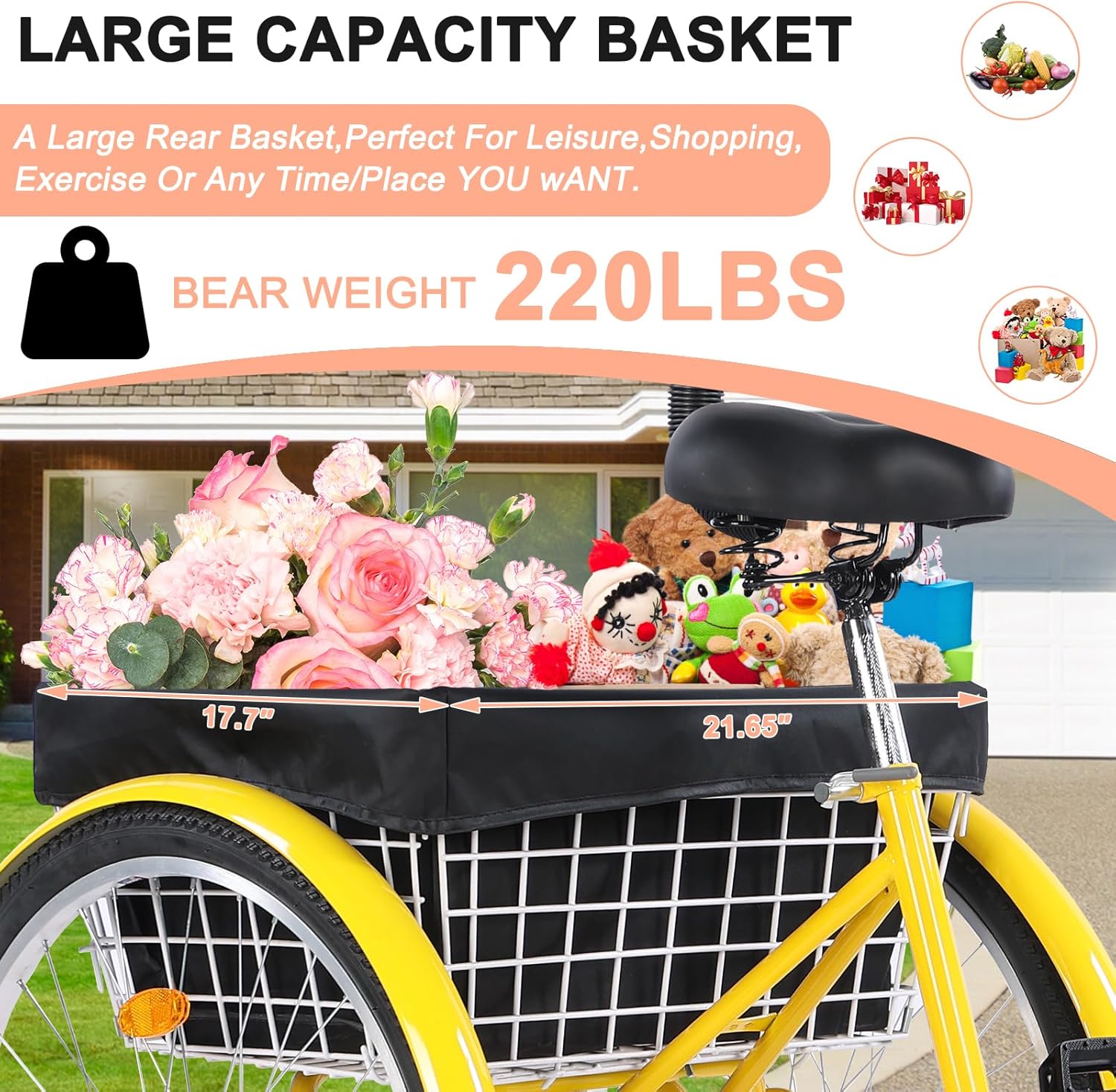 Adult Tricycle 26 inch 7 Speed, Three Wheel Bicycle for Adult, Trike Cruiser W/Tools & Big Basket for Exercise Shopping Picnic Outdoor Activities Yellow