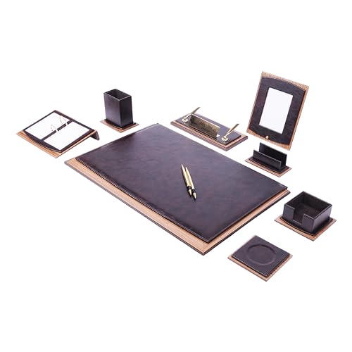 Lux Leather Desk Accessories - Leather Desk Organizer -Desk Organizer for Men Walnut Wood Combination Best Gift for Lawyers, Managers and Bosses - Desk Mat - 10 PCS (BROWN)