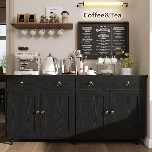 4 EVER WINNER Buffet Cabinet with Storage, 55" Sideboard Buffet Cabinet with 2 Drawers and 4 Doors, Modern Farmhouse Coffee Bar Cabinets, Wood Buffet Table for Kitchen, Dining Room, White