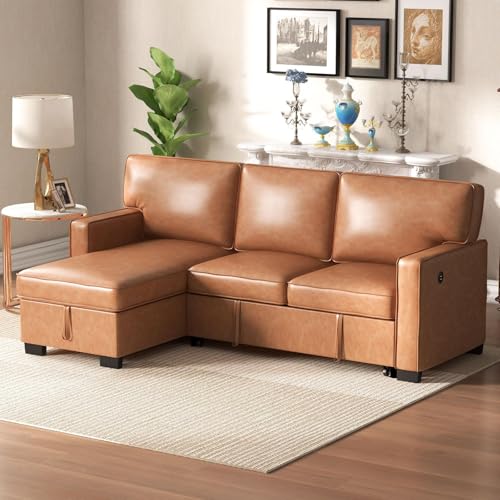 Convertible Sleeper Sofa 3 in 1, Chenille Modern L-Shaped Couches for Living Room, Pull Out Sectional Futon Sofa Bed with Storage Space, USB Ports and Cup Holders for Bedroom, Grey