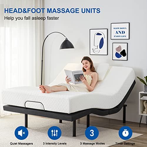 Adjustable Bed Base Frame with 17 Control Functions, Bluetooth App, Dual Massage, Dual USB Ports, Head/Foot Incline,Zero Gravity, Under Bed Lights (Queen)