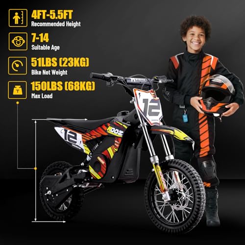 KOOZ HP112E 36V 1000W Electric Dirt Bike for Kids, 3 Speed Modes Teen Electric Motorcycle Up to 18 MPH & 15 Miles Long-Range, Dual Suspension & Disc Brake, 16" Sturdy Tire for Kids Teenagers, Orange