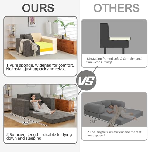 HOMREST 76" Convertible Memory Foam 3-seat Sofa, Pull Out Sleeper Sofa Bed, 2 in 1 Folding Couch Bed, Fold Out Floor Couch Corduroy Fabric with 3 Pillows for Living Room Bedroom Lounge (Grey)