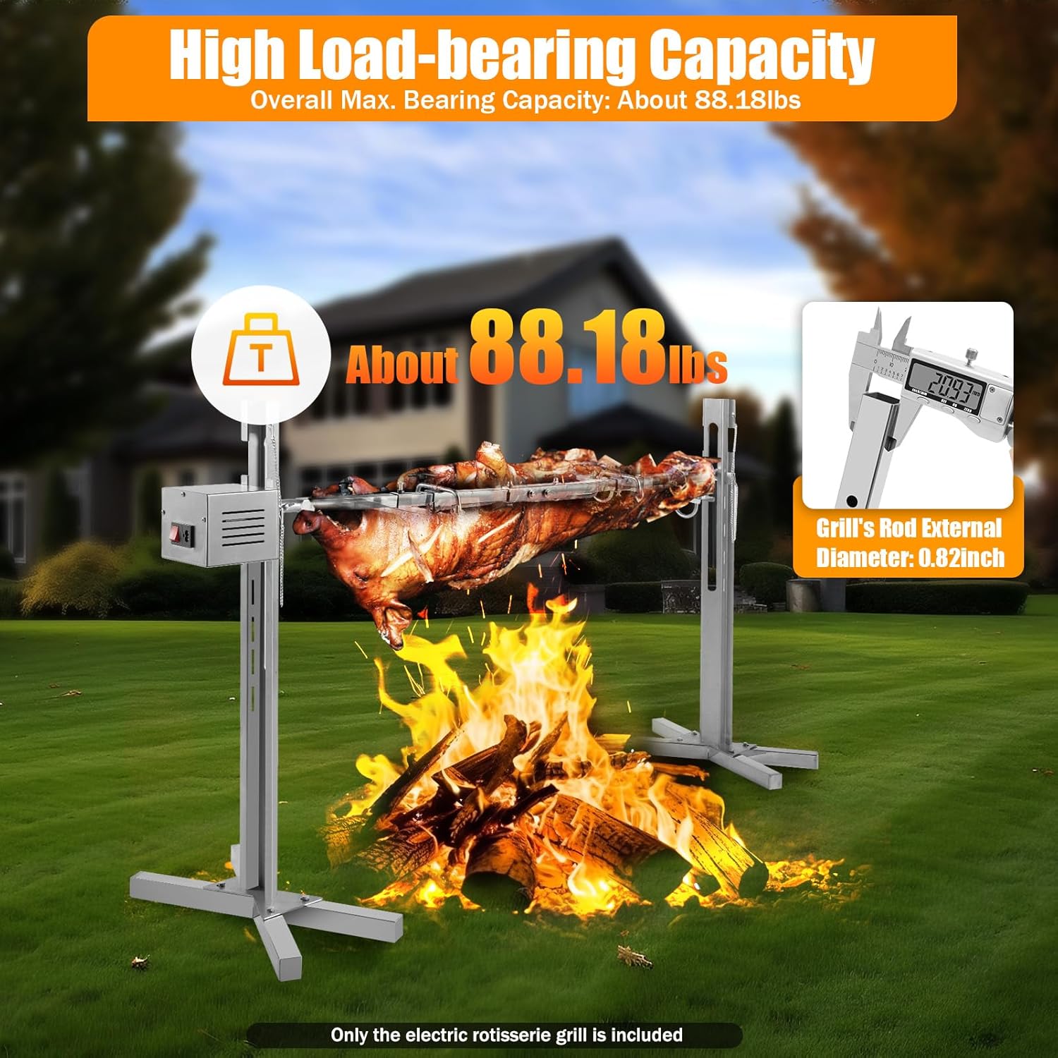 TUQI 53" Electric Rotisserie Grill 88 Lbs Capacity, Pig Lamb Spit Roaster Stand Rotisserie with Adjustable Height, BBQ Charcoal Rotisserie Grill Kit Stainless Steel for Outdoor Party Camping