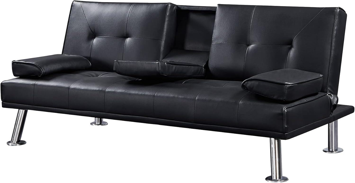 Black Faux Leather Loveseat Sofa Bed with Cup Holders, Convertible Folding Sleeper Couch Bed