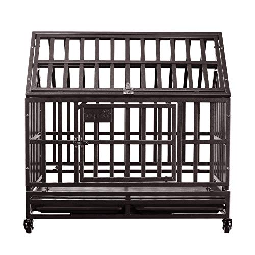 PUPZO Dog Cage Crate Kennel Heavy Duty Tear Resistant Square Tube with Four Wheels for Large Dogs Easy to Install (38 inch roof, Brown)