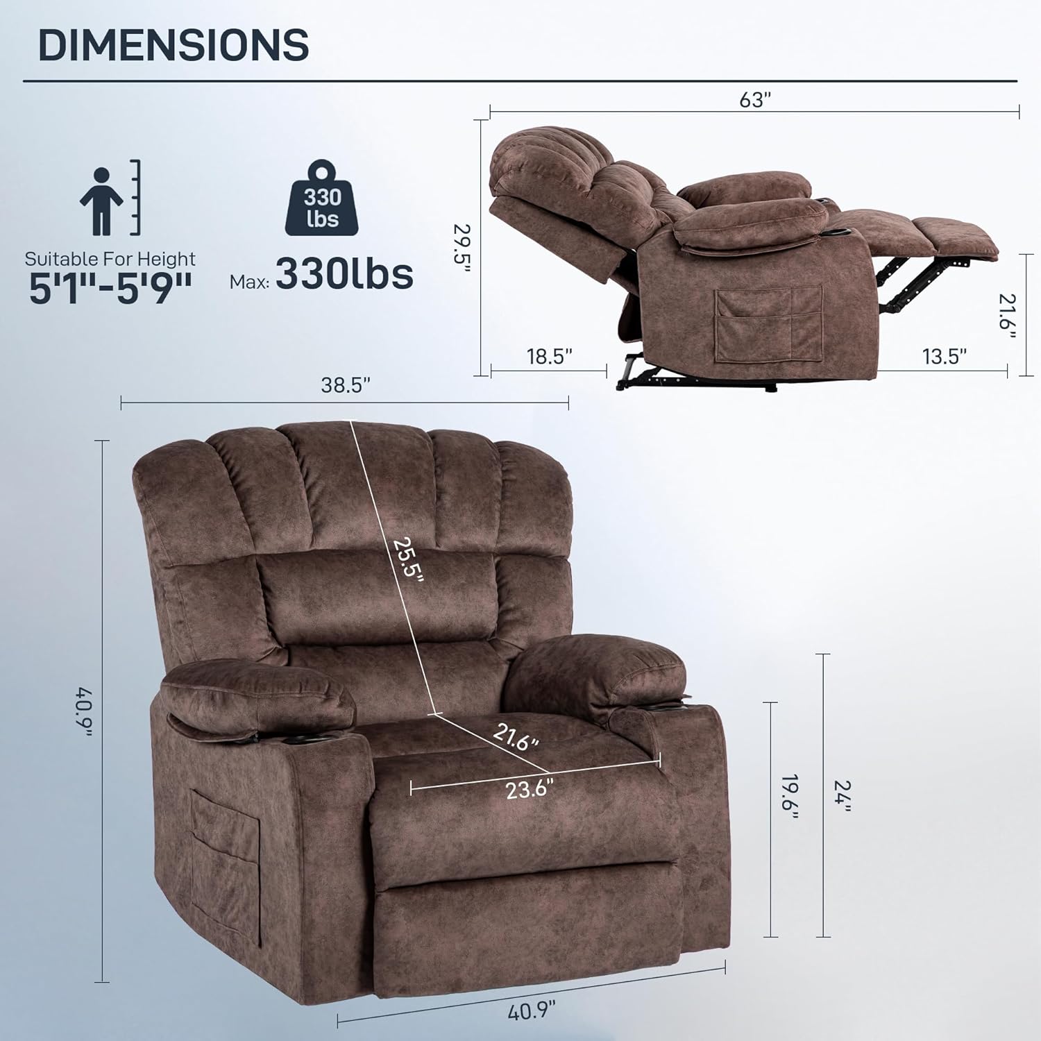 Recliner Chair Massage Heated Modern Ergonomic Lounge Single Sofa Seat Living Room Gravity Recliners Elastic Foam Filling 2 Cup Holders & Side Pocket Brown