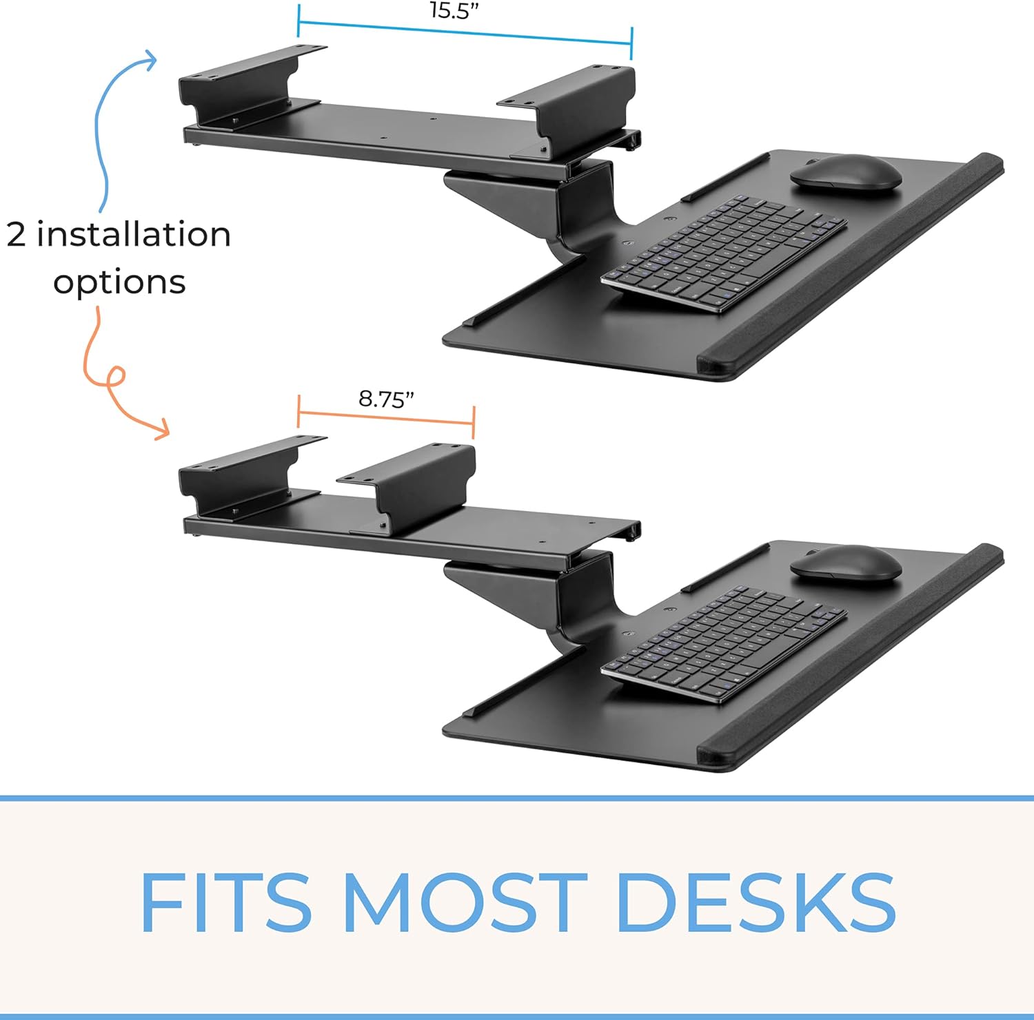 Stand Steady Under Desk Keyboard Tray | Adjustable Tilting Keyboard Shelf for Ergonomic Typing | Screw On Under Desk Storage with Cable Clips (26.5in x 10in / Black)