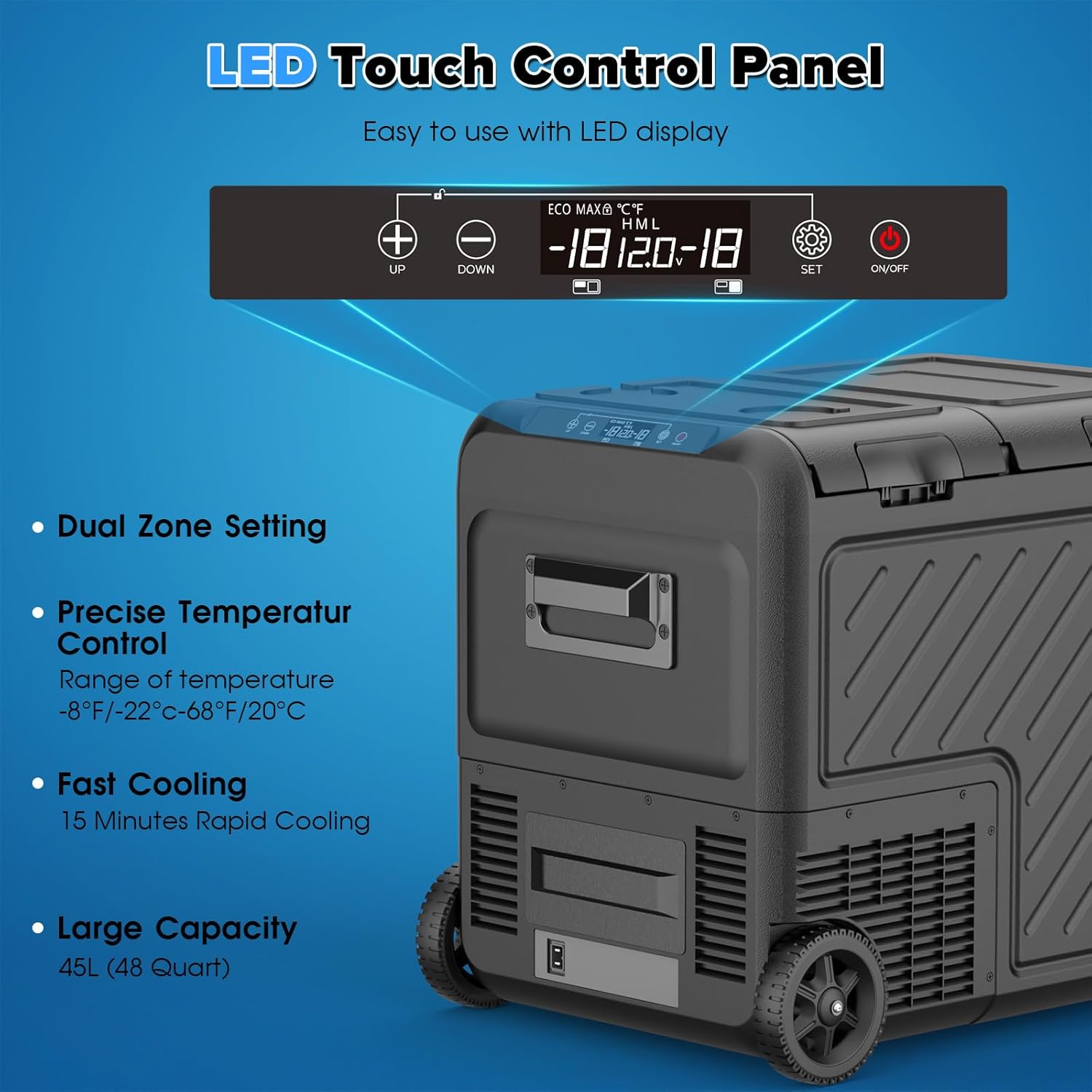 12 Volt Car Refrigerator, 48 Quart (45L) Dual Zone Electric Cooler -8°F-68°F, Compressor Portable Freezer with 12/24V DC 100/240V AC for Vehicles, Camping, Travel and Home Use