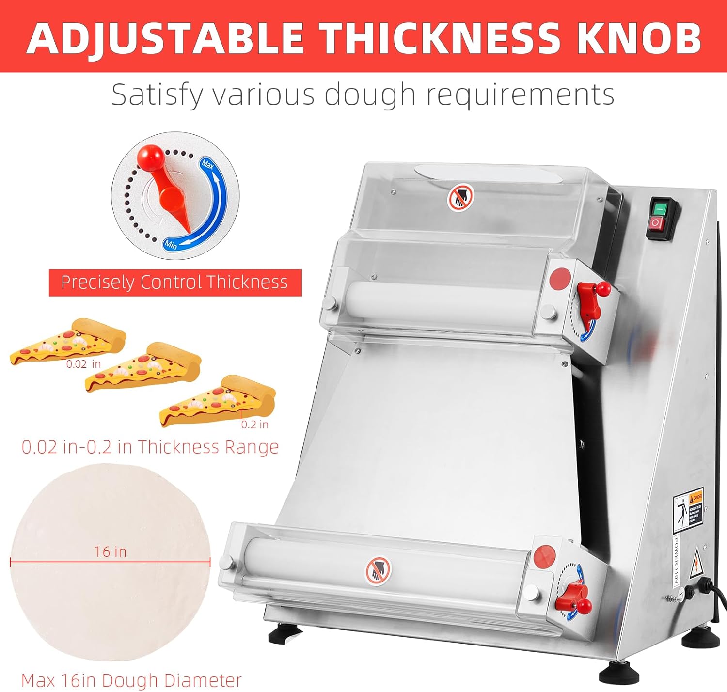 Commercial Pizza Dough Roller Sheeter, CuisinAid Max 16", Automatic 370W Electric Pizza Dough Roller, Stainless Steel, Suitable for Noodle, Pizza Bread and Pasta Maker Equipment