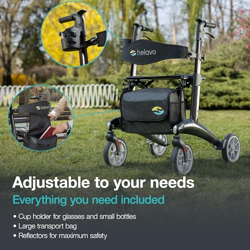 Helavo Ultralight Carbon Fiber 4-Wheel Rollator Walker for Seniors - Lightweight (12.3 lbs), 25.2" Width, 300 lbs Capacity, 8" Wheels, Foldable, Height Adjustable