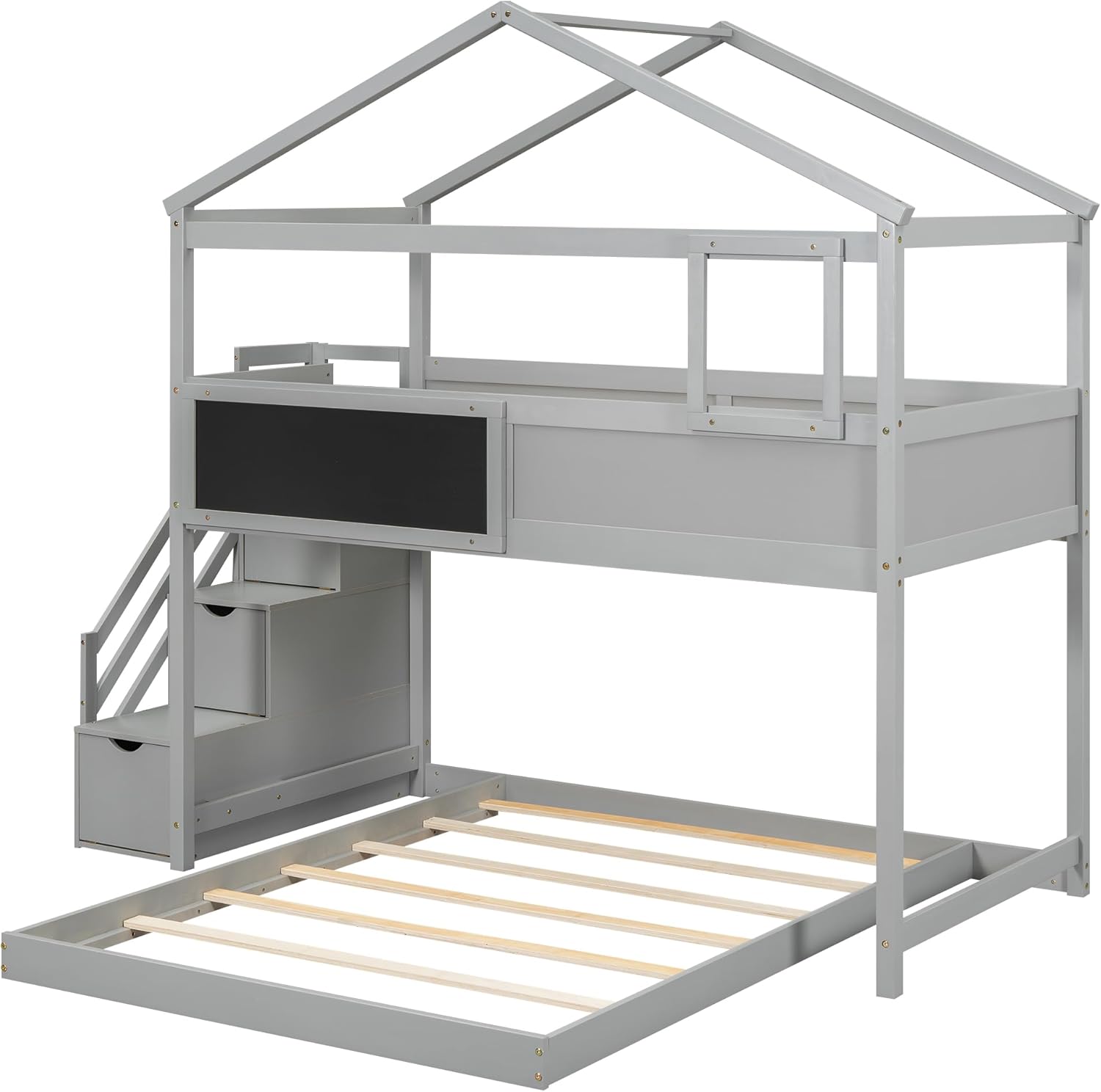 L-Shaped Twin Over Full House Bunk Bed with Storage Stairs and Blackboard, Wood Playhouse Bunk Beds with Roof and Guardrails for Kids Boys Girls Teens, Gray