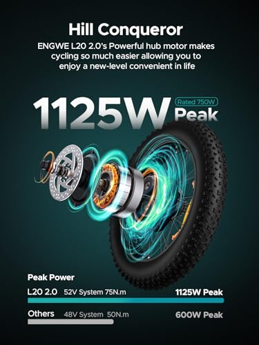ENGWE 1125W Electric Bike for Adults, L20 2.0 20''×3.0" Fat Tire Electric Bicycle 52V 13Ah Removable Battery Max Range 68Miles & 28MPH for Urban Commuters,7 Speed Mountain Ebike with Dual Suspension