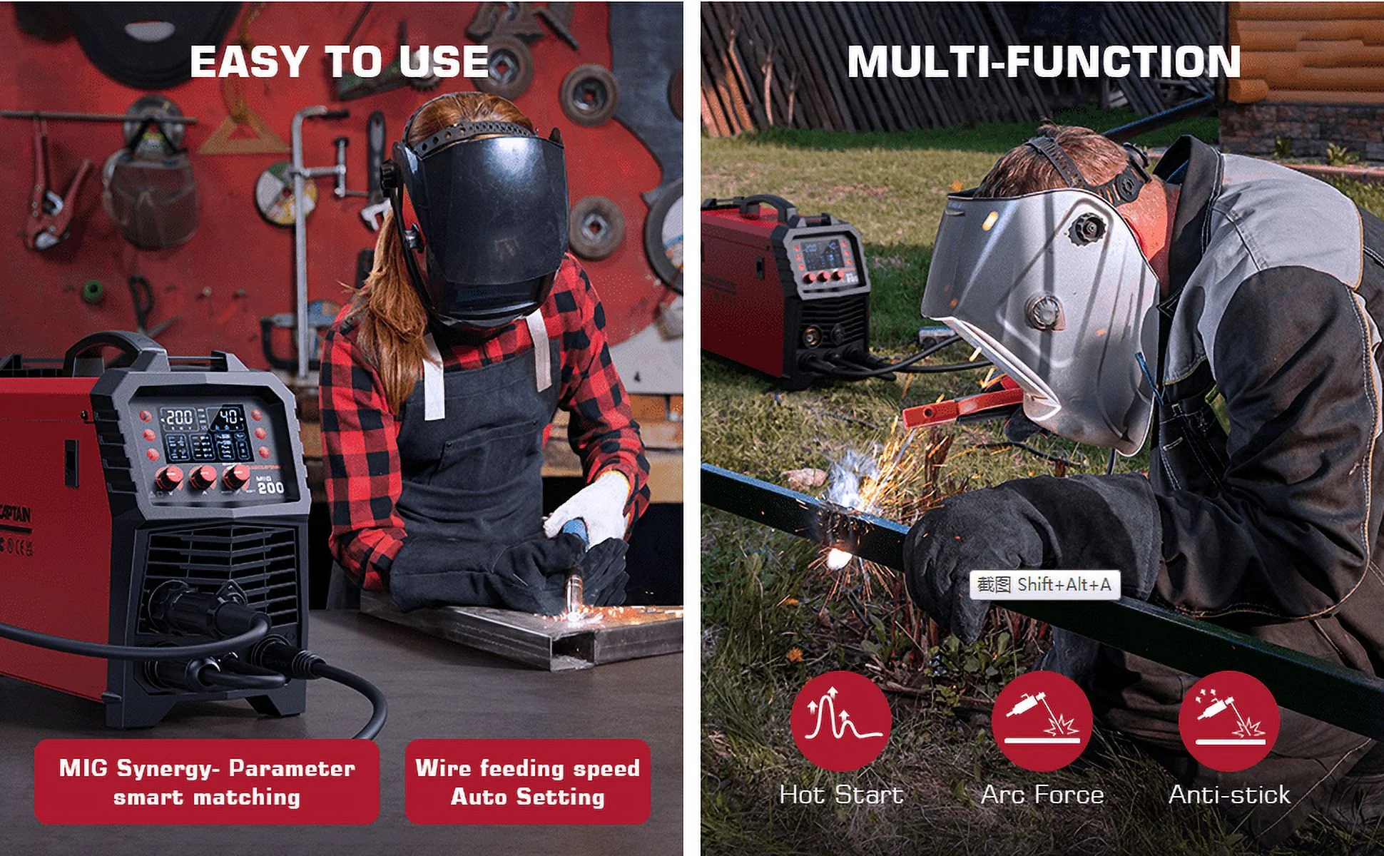 BMTBUY Aluminum MIG Welder, 200Amp 110V/200V Gas MIG/Gasless Flux Core MIG/Stick/Lift TIG/Spot welding/Spool Gun 6 in 1 Multi Process Welding Machine with LED Digital Display