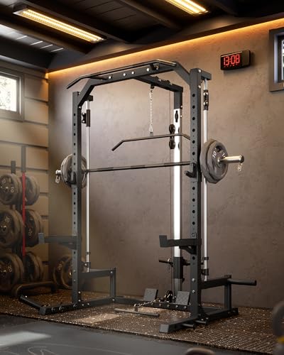 Smith Machine Home Gym with Barbell Bar, Cable System, Lat Pulldown Attachments, Safety Spotter Arms, J Hooks, Landmine, Multi-Functional Squat Rack for Full Body Strength Training