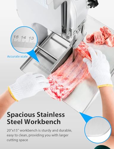 1500W Electric Bone Saw Machine, 0.8-5.9 Inch Cutting Thickness,2.6HP Frozen Meat Cutter 110V Commercial Bandsaw Machine, 20x15in Table Sawing for Chicken Fish Trotter Beef, Equipped with 6 Saw Blades