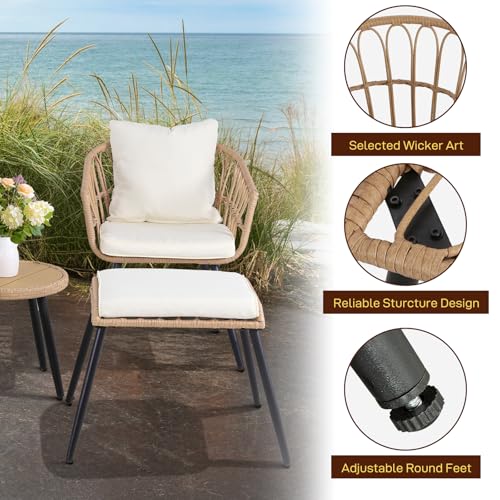 3 Pieces Patio Bistro Set, Outdoor Wicker Table and Chairs Set of 2, Rattan Balcony Furniture Set with Cushions for Front Porch Apartment Backyard Deck,Beige