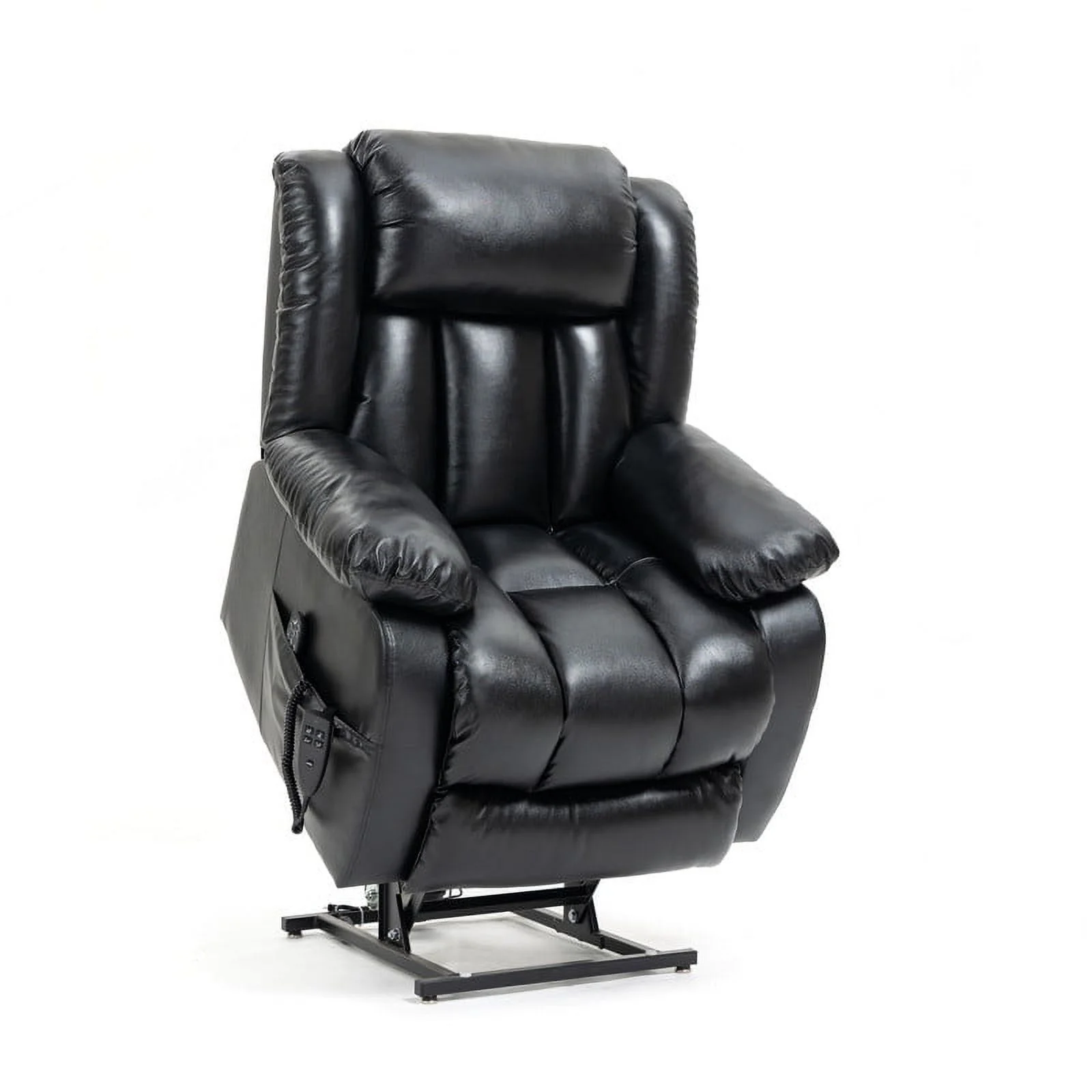 Oversized Dual Motor Lay Flat Power Lift Recliner Chairs for Elderly Adults,Black Leather Electric Recliners Chair with 8-Point Vibration Massage Lumbar Heating,2 Side Pocket,23" Seat Width