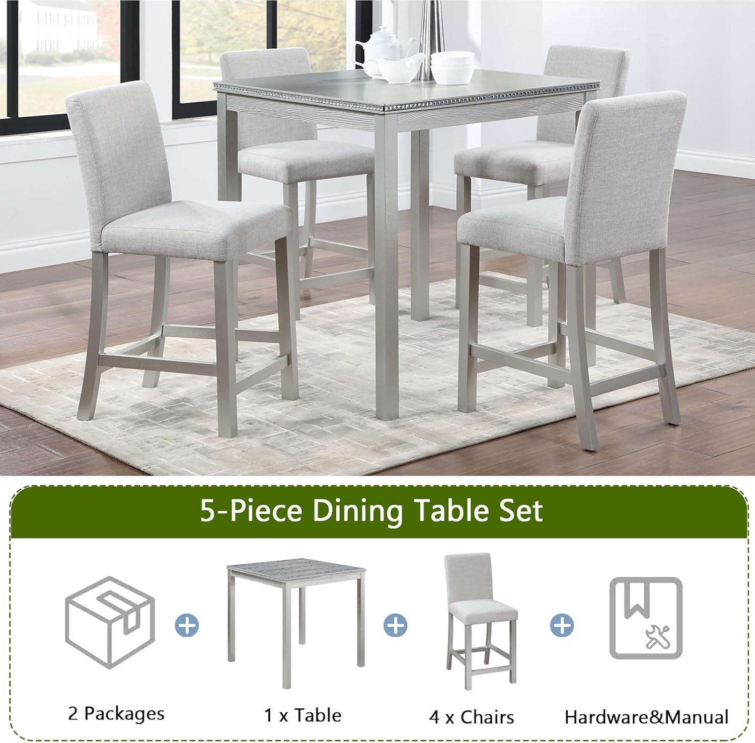 5-Piece Acacia Wood Counter Height Dining Table Set, 34.50'' Square Dining Table and 4 Upholstered-Seat Chairs, 4 Person Kitchen Dining Room Furniture Dinette Table Set, Space Saving (Grey-A2)