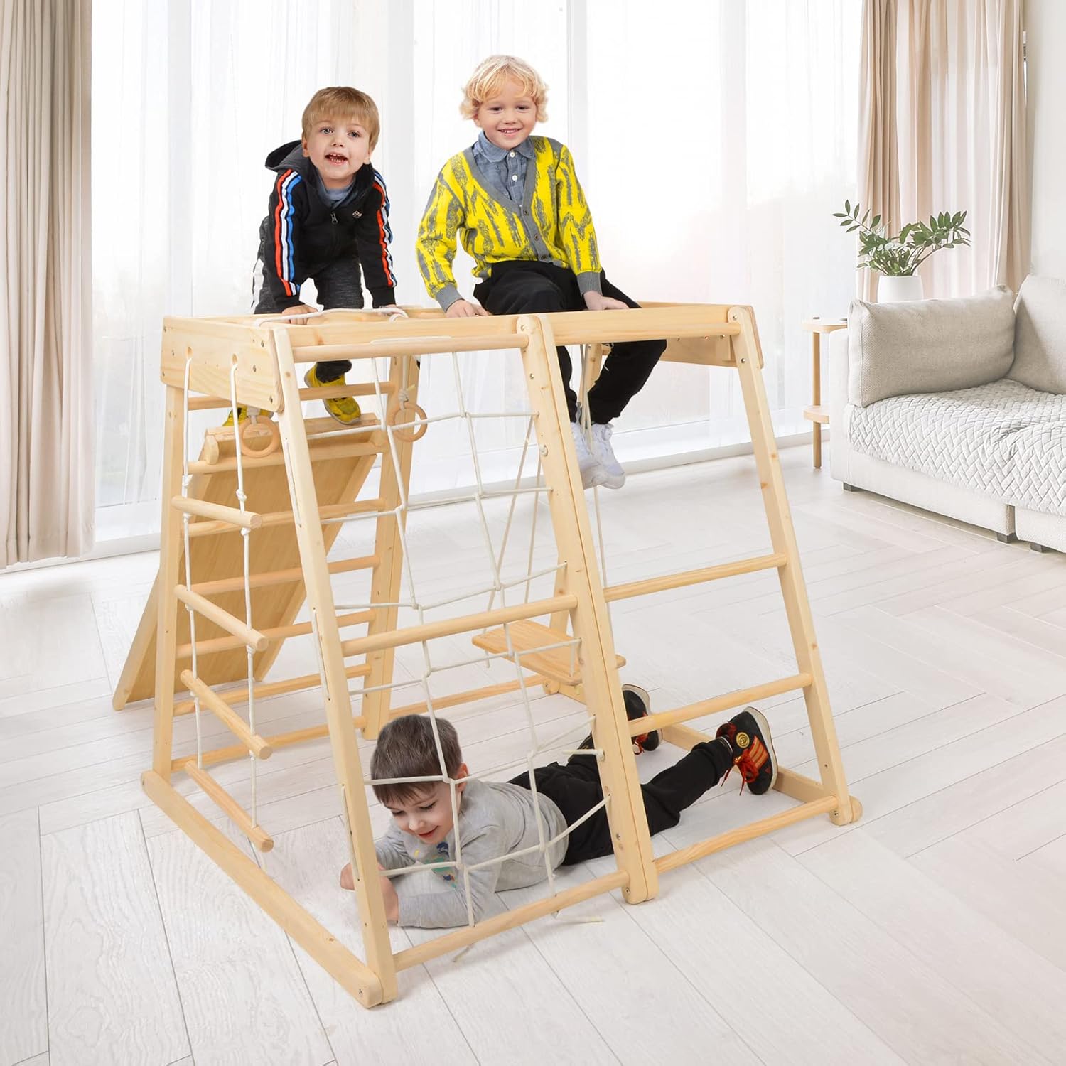 Indoor Playground,Toddler Montessori Wood Playset 9-in-1 with Slide, Basketball, Swing, Jungle Gym, Swedish Ladder, Monkey Bars, Rope Ladder, Rock Wall Dome for Kid Ages 1-6 New
