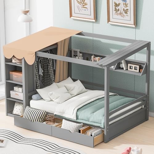 Multi-functional Twin Size House Bed with 2 Drawers and Built-in Wardrobe, Solid Wood Daybed Platform Bed Frame with Curtain Fabrics and Shelves, Maximising Space (Grey-Curt)