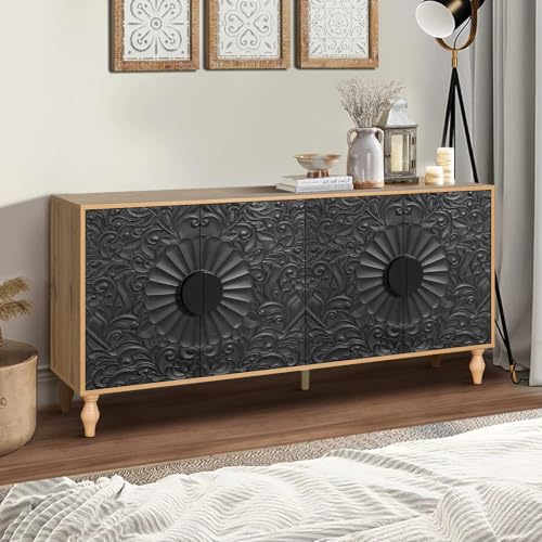 Sideboard Buffet Credenzas for Living Room, 63" Entryway Table with Storage Accent Cabinet, Carved Flowers Doors & Wire Holes