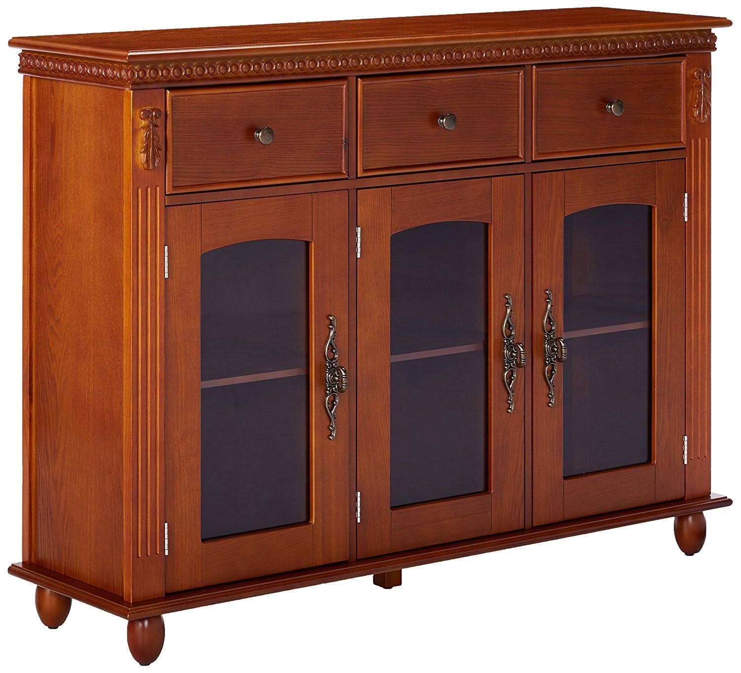 William Walnut Wood Contemporary Sideboard Buffet Console Table with Storage Drawers u0026 Glass Cabinet Doors, Brown
